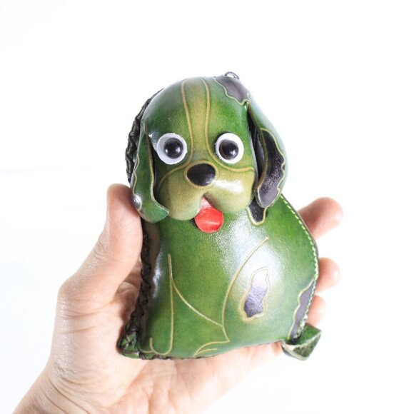 Green leather dog coin purse, small leather zippered puppy pouch, dog wallet - Picture 10 of 10